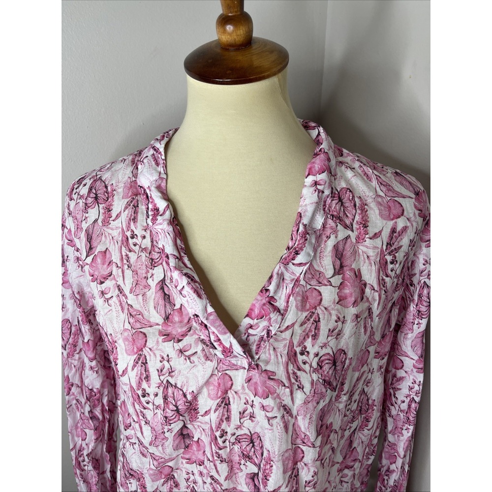 120% LINO Pink‎ White Floral Longsleeve Linen Tunic Shirt Sz 42 - Picture 6 of 9